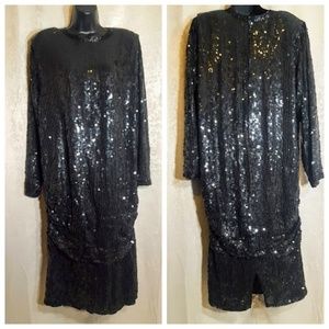 Vintage Judith Ann Sequins Black Dress sz L Beaded